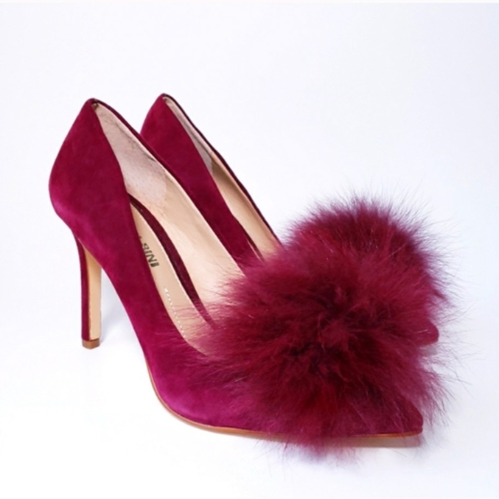 Gianni Bini Dorindah Burgundy Fur Pom Pom Heels